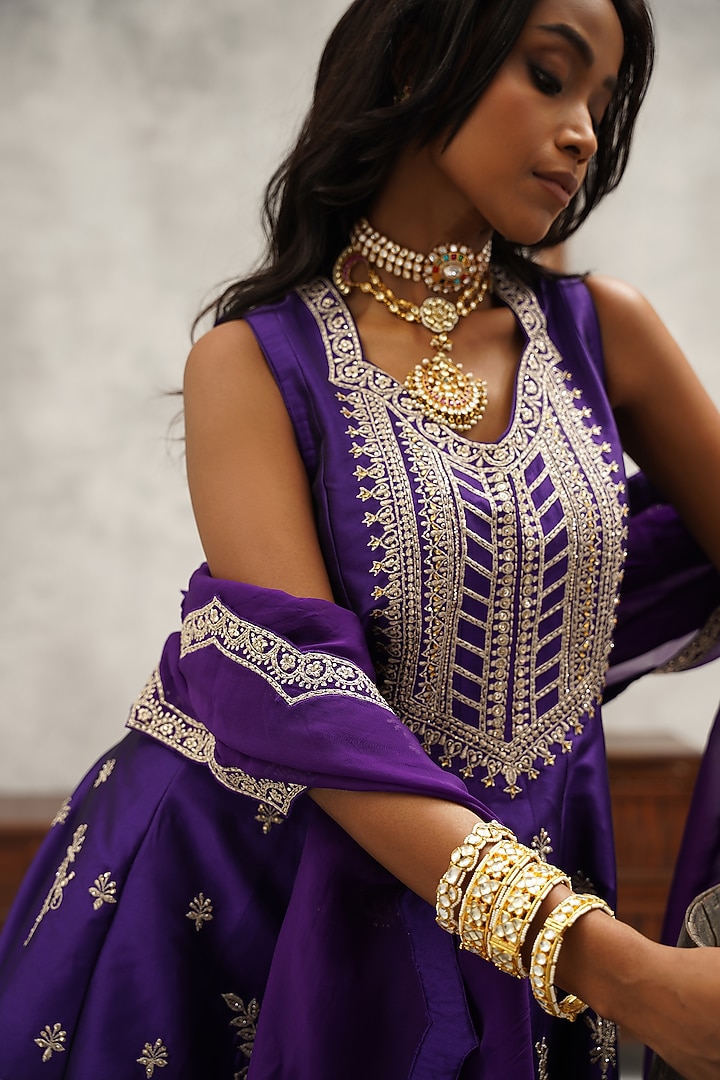Purple Upada Silk Hand & Machine Embroidered Wedding Anarkali Set by Kapda Dori at Pernia's Pop Up Shop