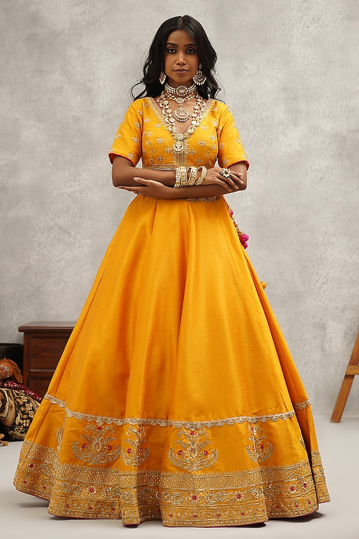 Mustard Dupion Silk Hand & Machine Embroidered Wedding Lehenga Set by Kapda Dori at Pernia's Pop Up Shop