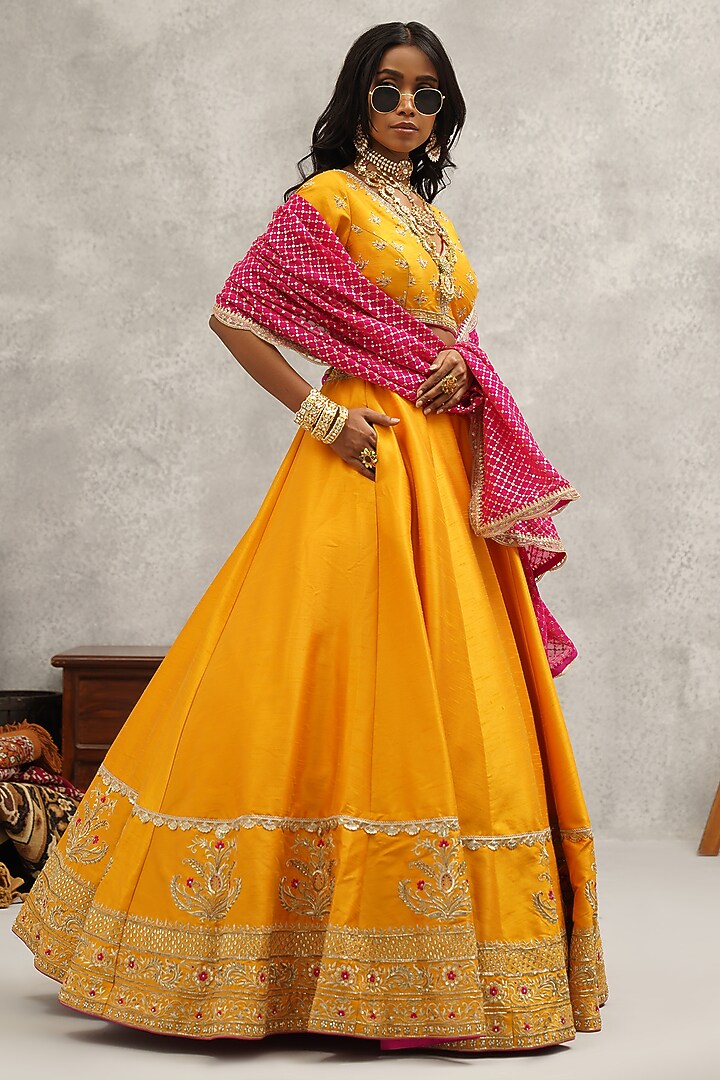 Mustard Dupion Silk Hand & Machine Embroidered Wedding Lehenga Set by Kapda Dori at Pernia's Pop Up Shop