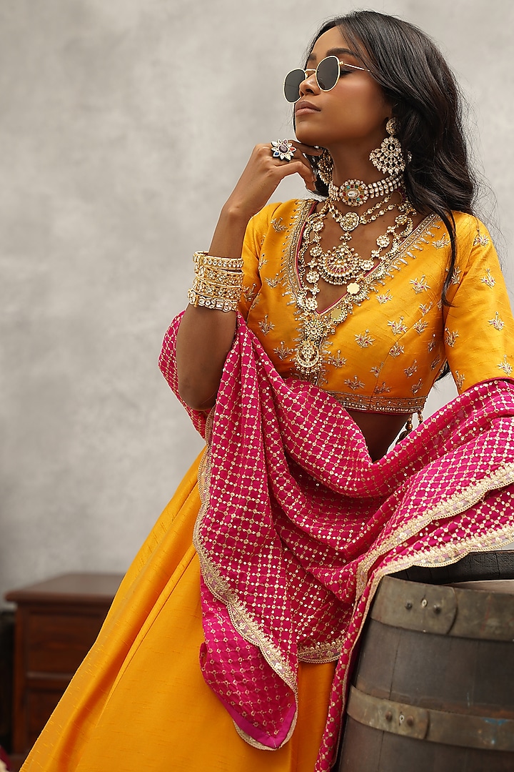 Mustard Dupion Silk Hand & Machine Embroidered Wedding Lehenga Set by Kapda Dori at Pernia's Pop Up Shop