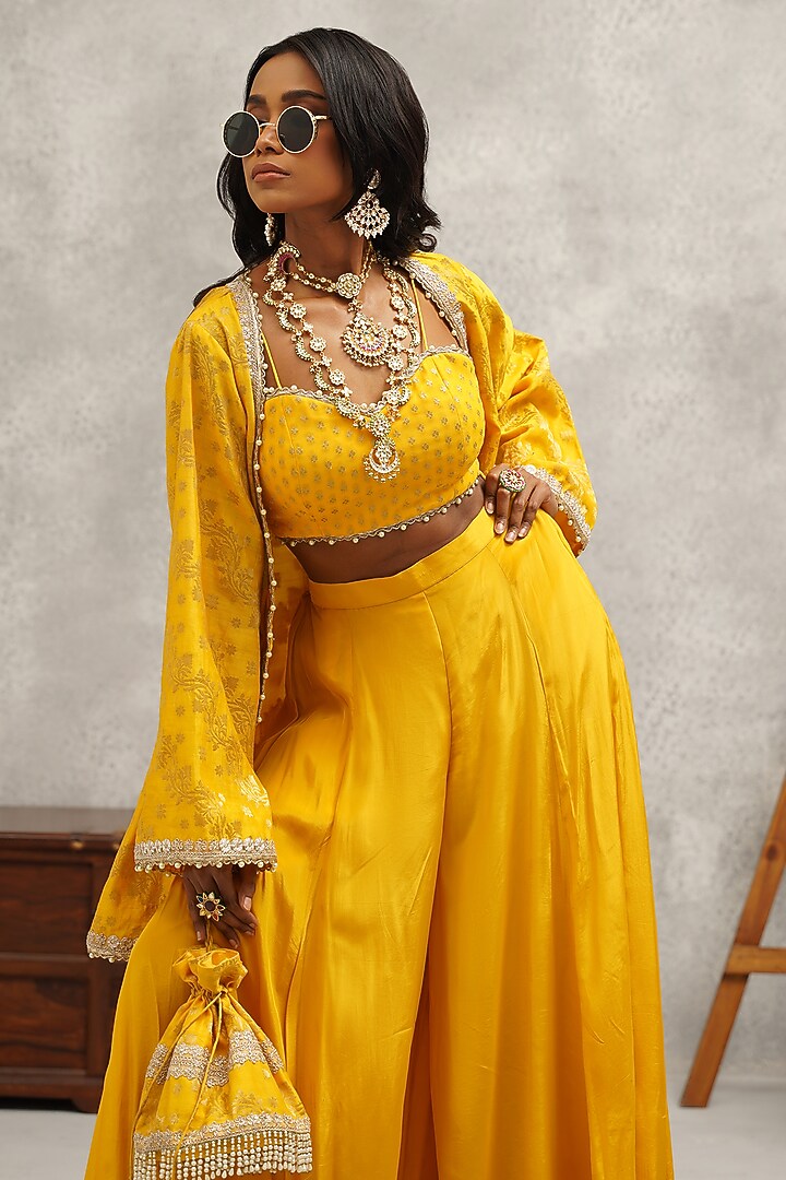 Mustard Chanderi Hand & Machine Embroidered Jacket Set by Kapda Dori at Pernia's Pop Up Shop
