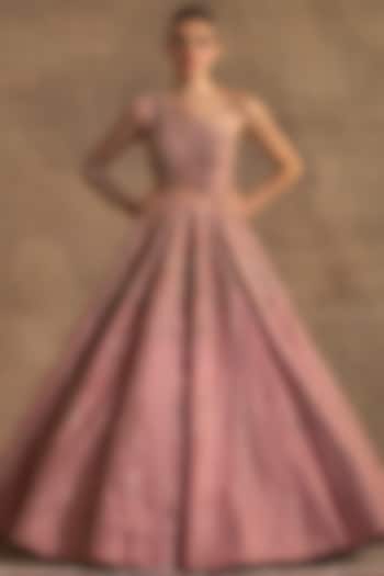 Pink Tissue Organza Bead Embellished One-Shoulder Gown by Kapda Dori