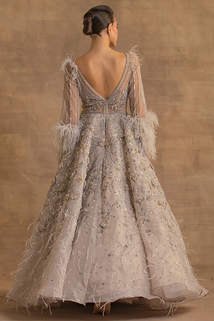 Grey Tissue Organza Crystal Embroidered Bridal Gown by Kapda Dori at Pernia's Pop Up Shop
