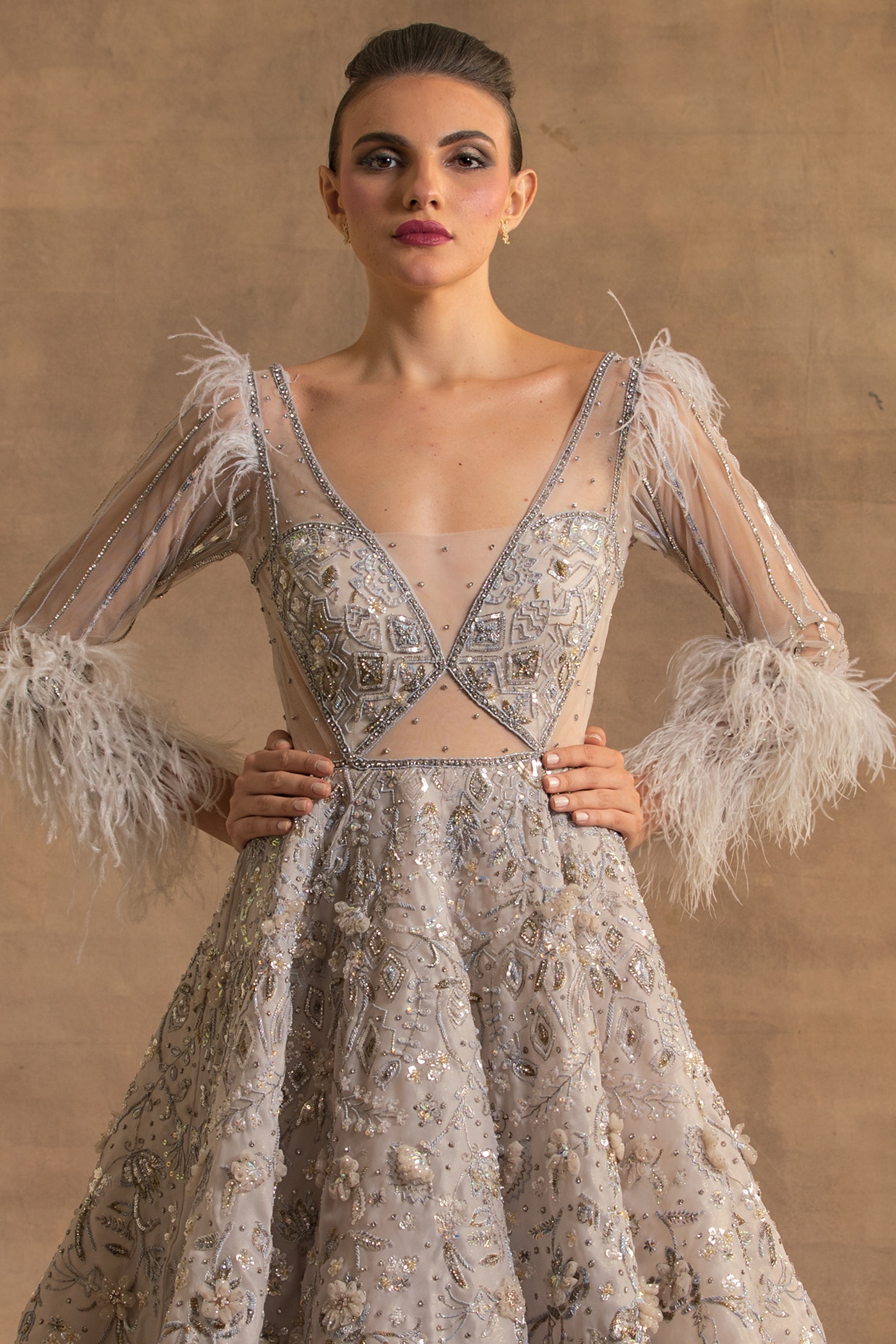 Grey Tissue Organza Crystal Embroidered Gown by Kapda Dori at