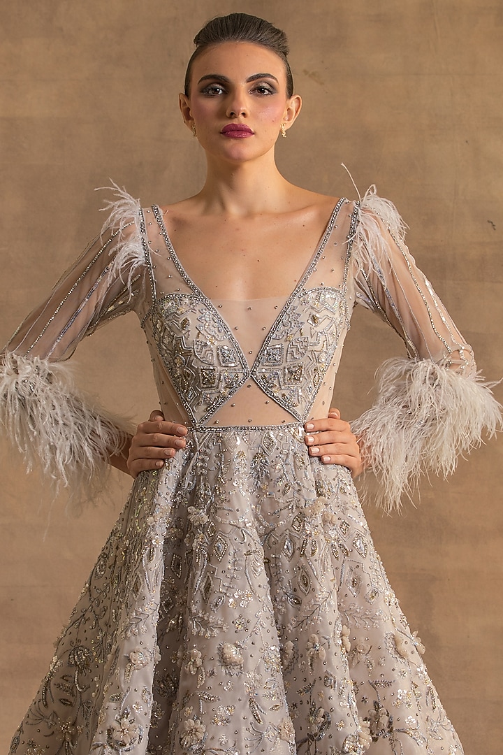 Grey Tissue Organza Crystal Embroidered Bridal Gown by Kapda Dori at Pernia's Pop Up Shop