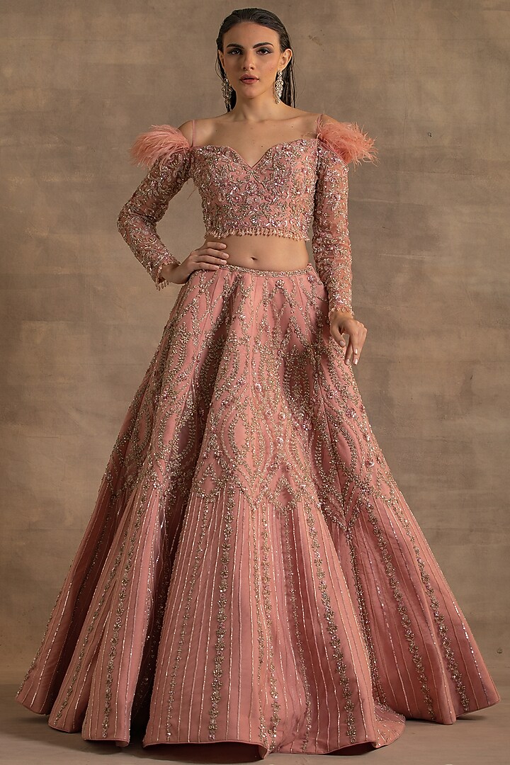 Pink Net Cutdana Embroidered Bridal Lehenga Set by Kapda Dori at Pernia's Pop Up Shop