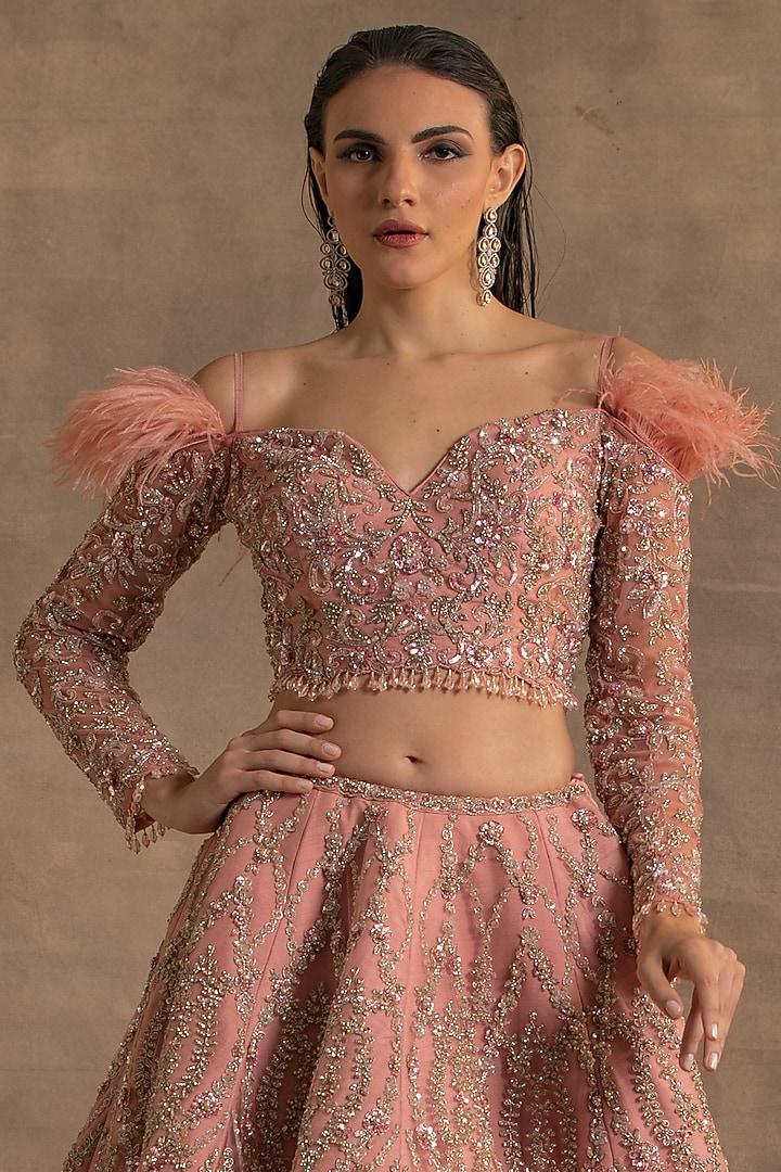 Pink Net Cutdana Embroidered Bridal Lehenga Set by Kapda Dori at Pernia's Pop Up Shop
