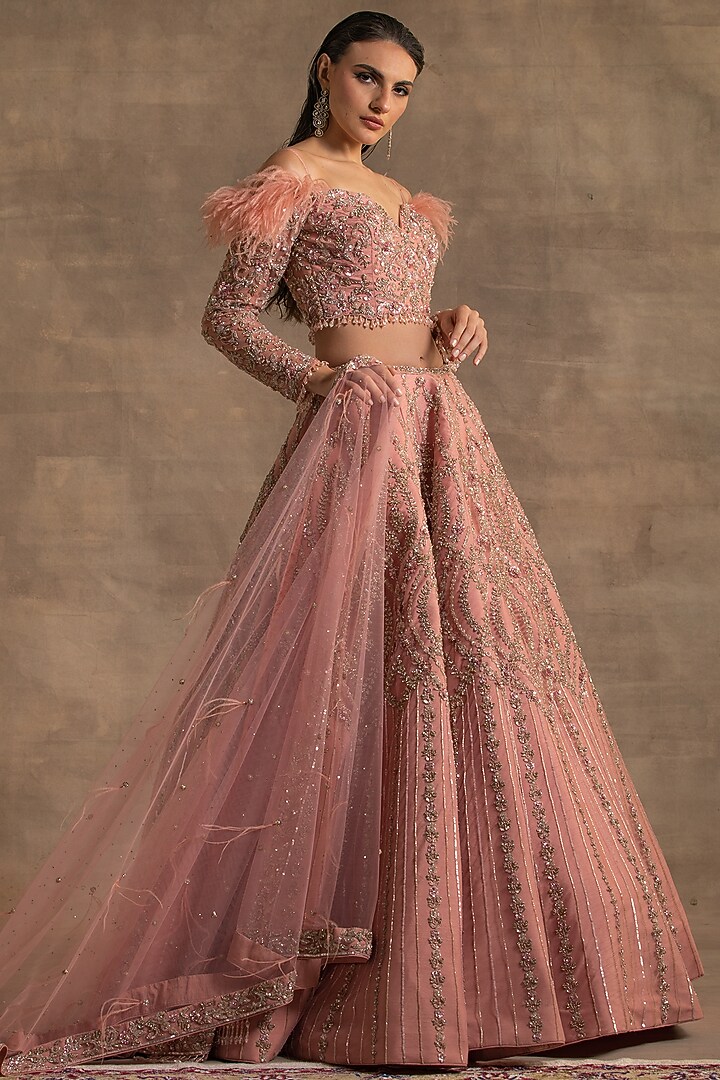 Pink Net Cutdana Embroidered Bridal Lehenga Set by Kapda Dori at Pernia's Pop Up Shop