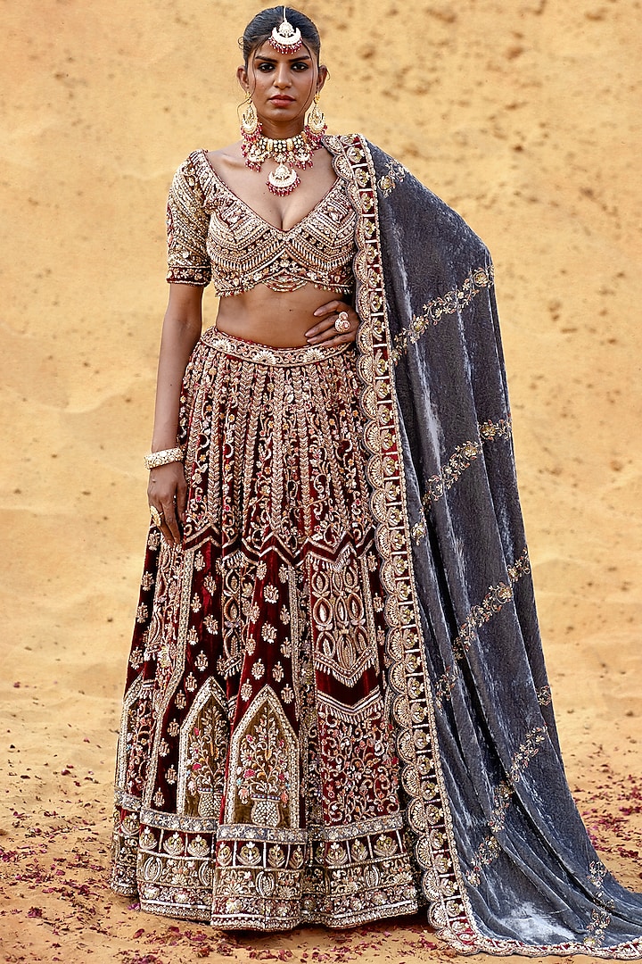 Maroon Velvet Zardosi Embroidered Bridal Lehenga Set by Kapda Dori at Pernia's Pop Up Shop