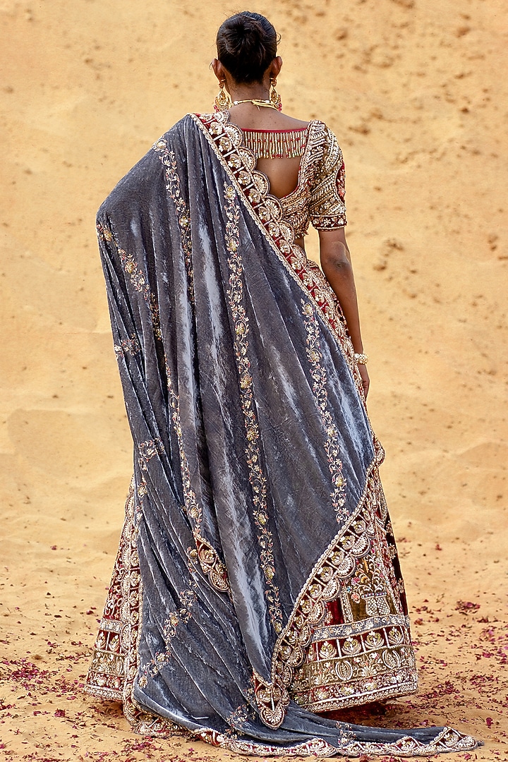 Maroon Velvet Zardosi Embroidered Bridal Lehenga Set by Kapda Dori at Pernia's Pop Up Shop