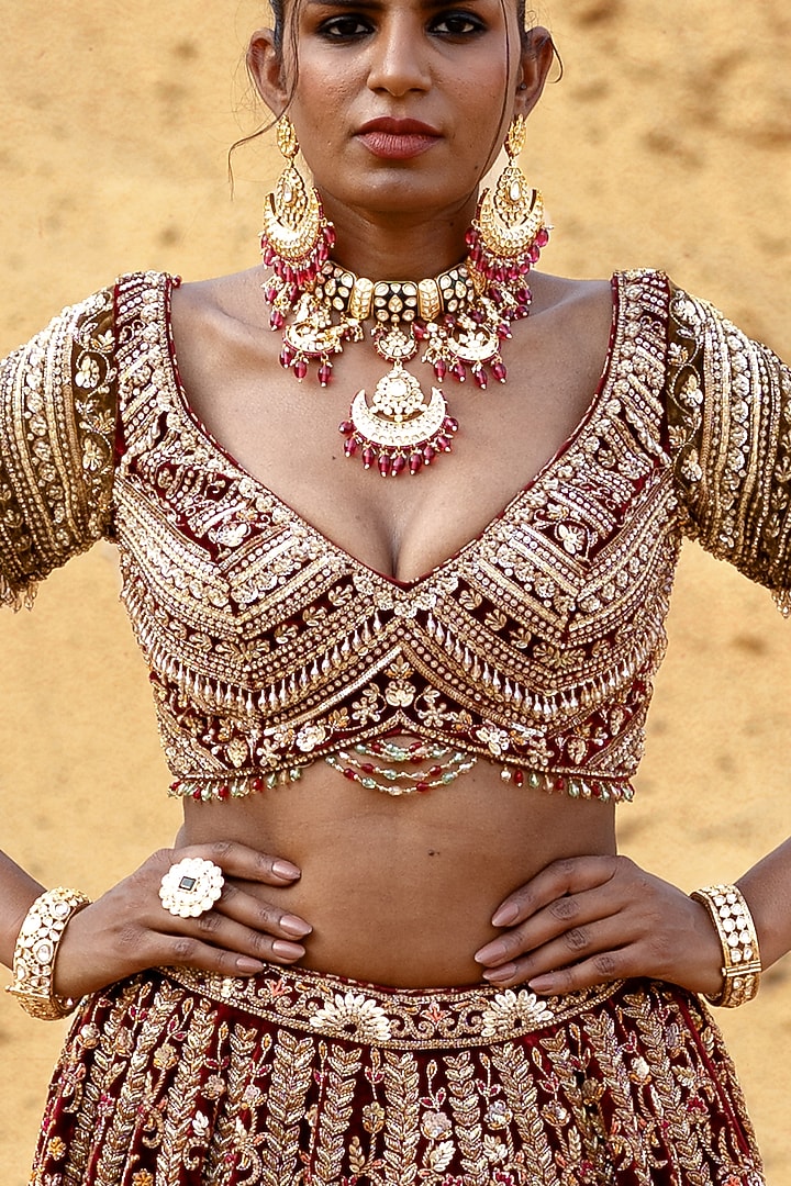 Maroon Velvet Zardosi Embroidered Bridal Lehenga Set by Kapda Dori at Pernia's Pop Up Shop