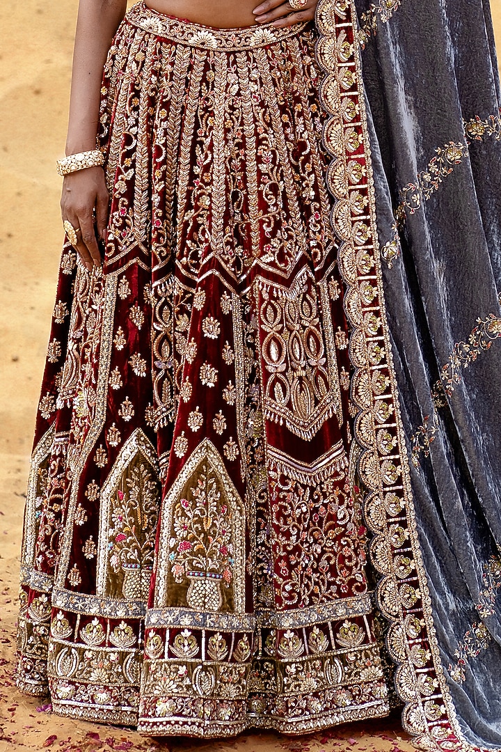 Maroon Velvet Zardosi Embroidered Bridal Lehenga Set by Kapda Dori at Pernia's Pop Up Shop