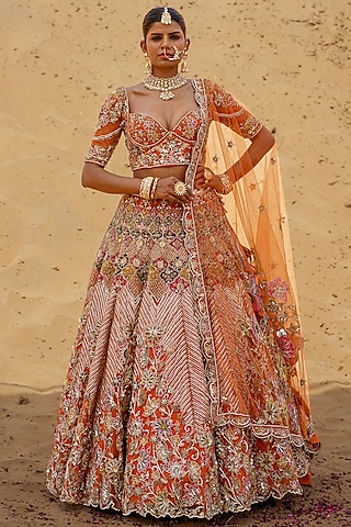 Rust Orange Net Hand Embroidered Lehenga Set by Kapda Dori