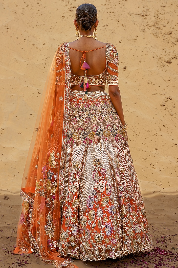 Rust Orange Net Hand Embroidered Bridal Lehenga Set by Kapda Dori at Pernia's Pop Up Shop