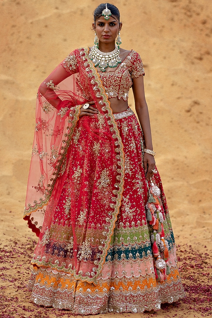 Red Raw Silk Hand Embroidered Bridal Lehenga Set by Kapda Dori at Pernia's Pop Up Shop