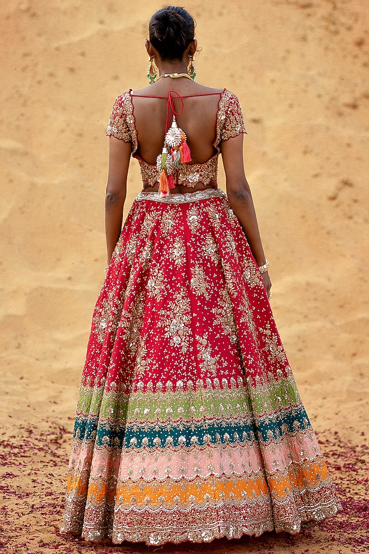 Red Raw Silk Hand Embroidered Bridal Lehenga Set by Kapda Dori at Pernia's Pop Up Shop