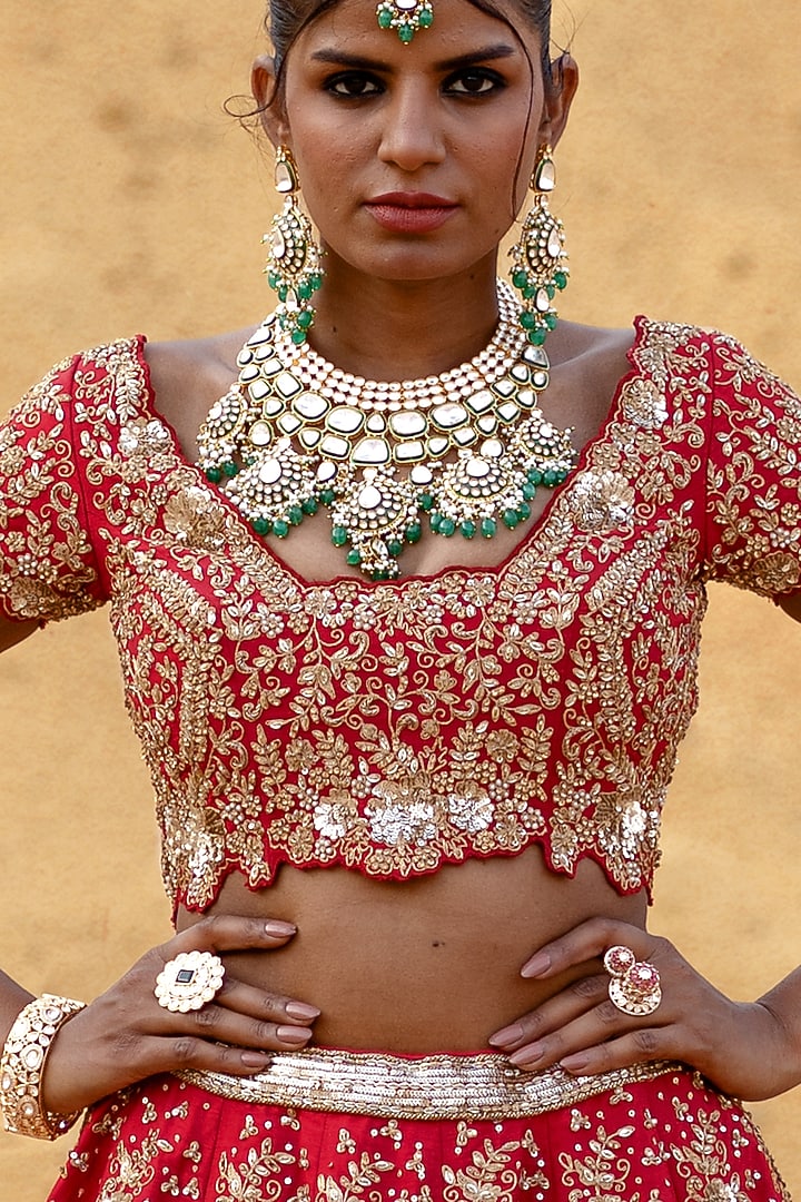 Red Raw Silk Hand Embroidered Bridal Lehenga Set by Kapda Dori at Pernia's Pop Up Shop