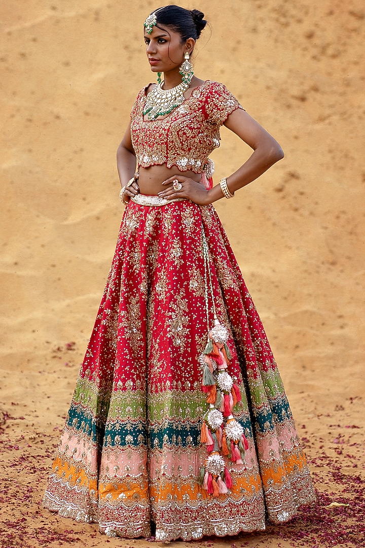 Red Raw Silk Hand Embroidered Bridal Lehenga Set by Kapda Dori at Pernia's Pop Up Shop