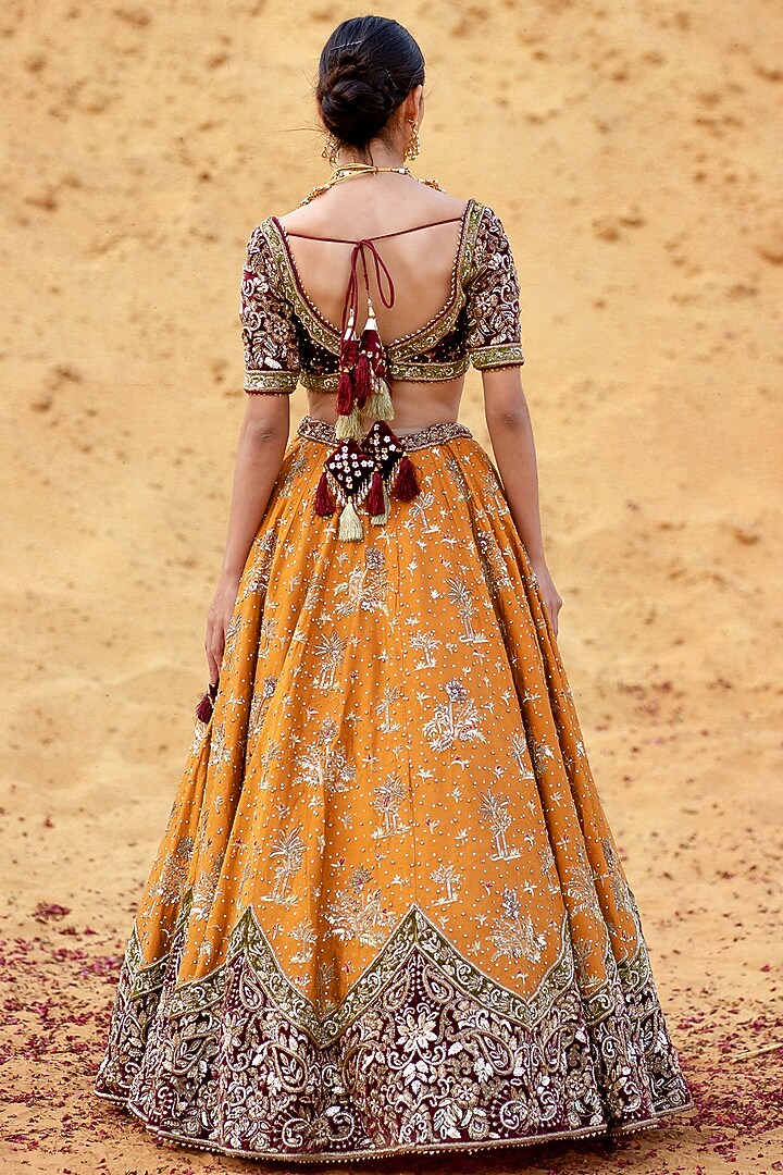 Mustard Dupion Silk Zardosi Embroidered Bridal Lehenga Set by Kapda Dori at Pernia's Pop Up Shop