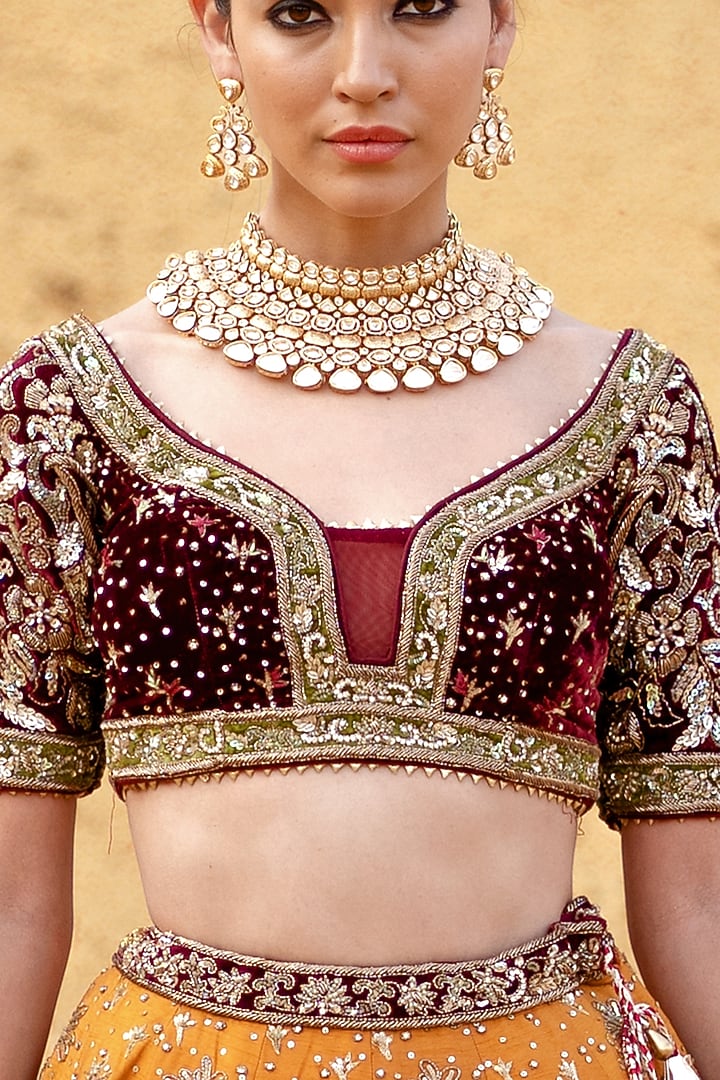 Mustard Dupion Silk Zardosi Embroidered Bridal Lehenga Set by Kapda Dori at Pernia's Pop Up Shop