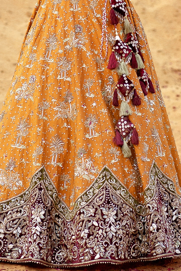 Mustard Dupion Silk Zardosi Embroidered Bridal Lehenga Set by Kapda Dori at Pernia's Pop Up Shop