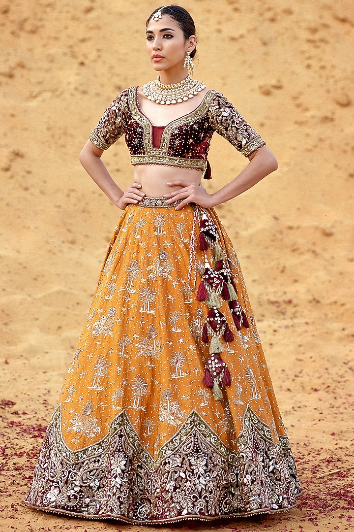 Mustard Dupion Silk Zardosi Embroidered Bridal Lehenga Set by Kapda Dori at Pernia's Pop Up Shop