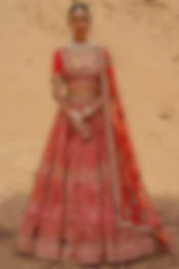 Red Raw Silk Hand Embroidered Lehenga Set by Kapda Dori at Pernia's Pop Up Shop