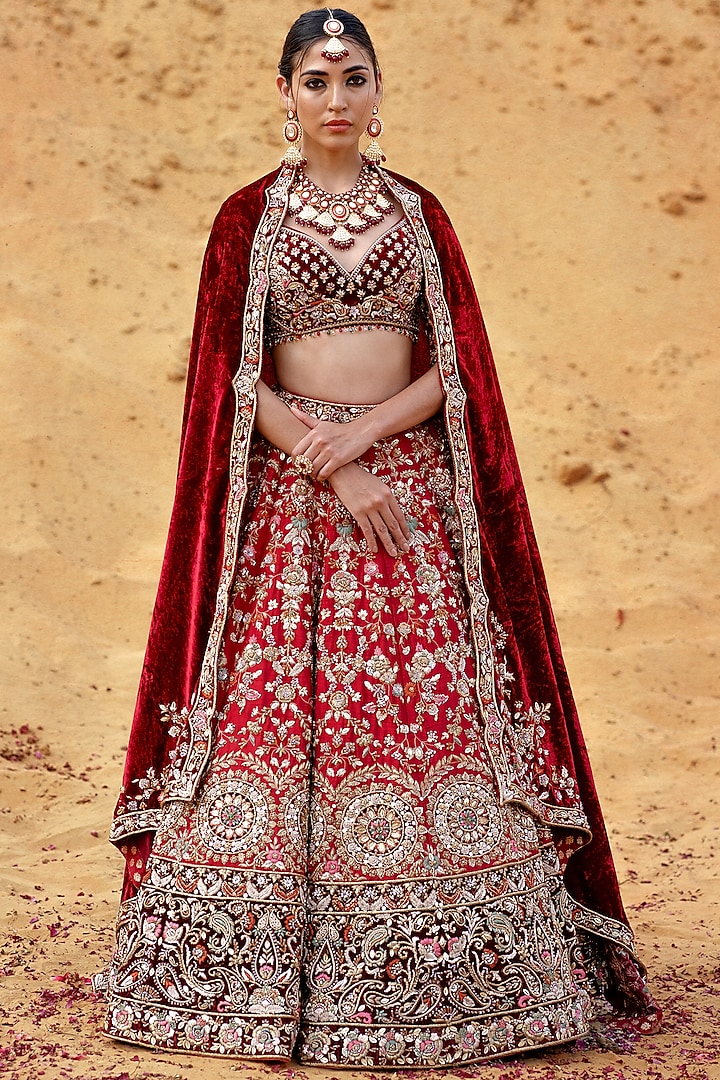 Maroon Raw Silk Hand Embroidered Bridal Lehenga Set by Kapda Dori at Pernia's Pop Up Shop