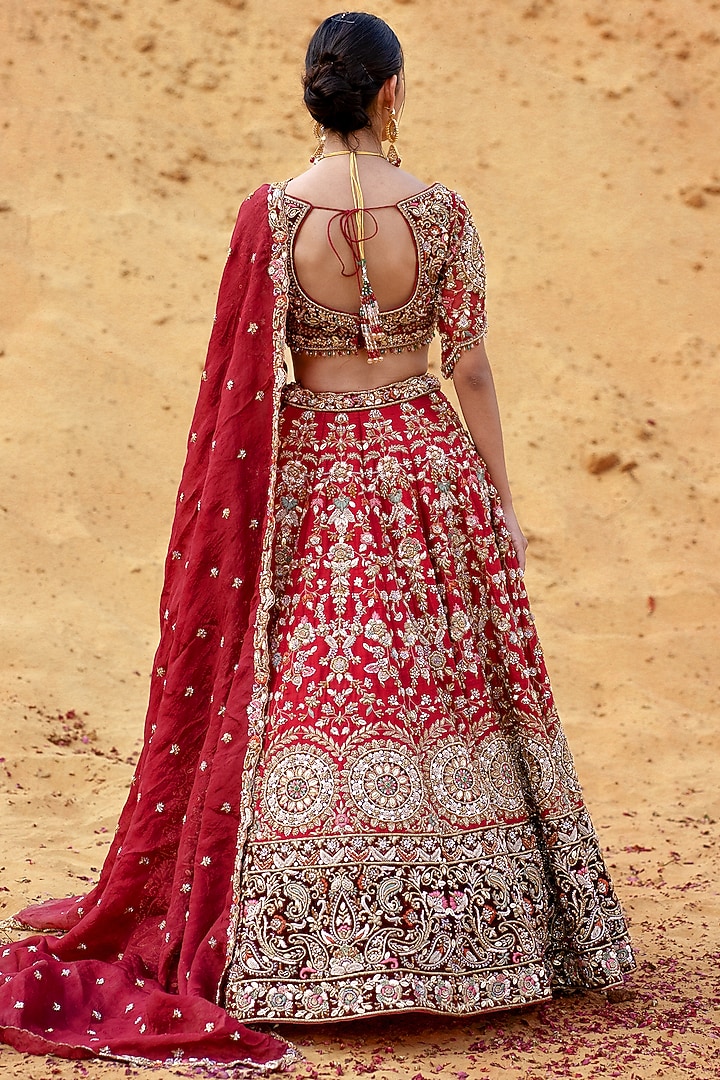 Maroon Raw Silk Hand Embroidered Bridal Lehenga Set by Kapda Dori at Pernia's Pop Up Shop