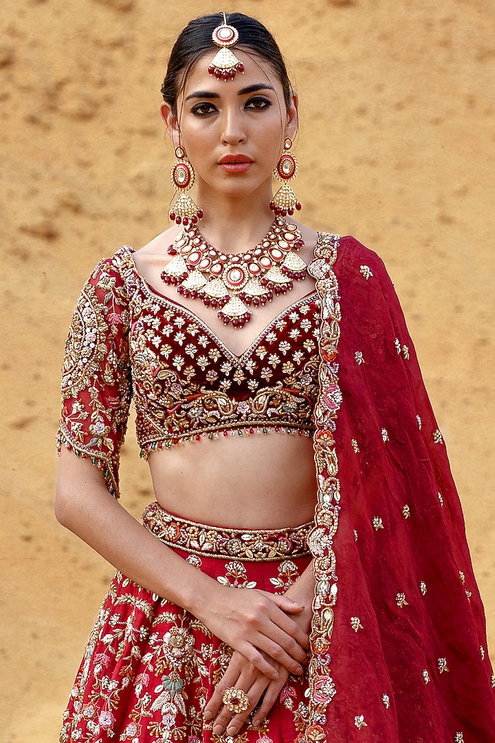 Maroon Raw Silk Hand Embroidered Bridal Lehenga Set by Kapda Dori at Pernia's Pop Up Shop