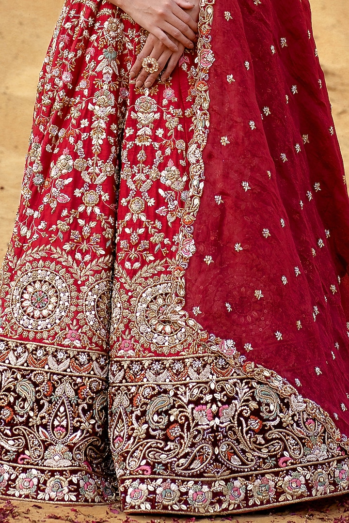 Maroon Raw Silk Hand Embroidered Bridal Lehenga Set by Kapda Dori at Pernia's Pop Up Shop