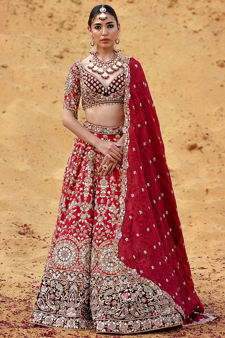 Maroon Raw Silk Hand Embroidered Bridal Lehenga Set by Kapda Dori at Pernia's Pop Up Shop