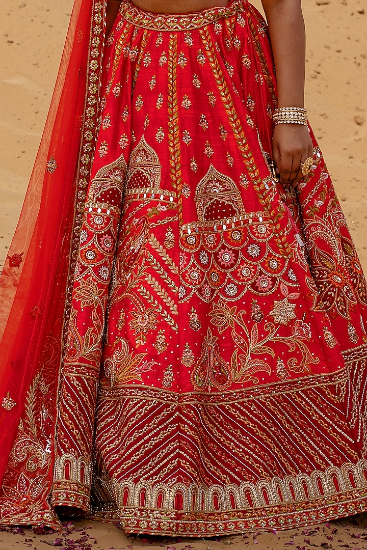 Red Raw Silk Hand Embroidered Bridal Lehenga Set by Kapda Dori at Pernia's Pop Up Shop