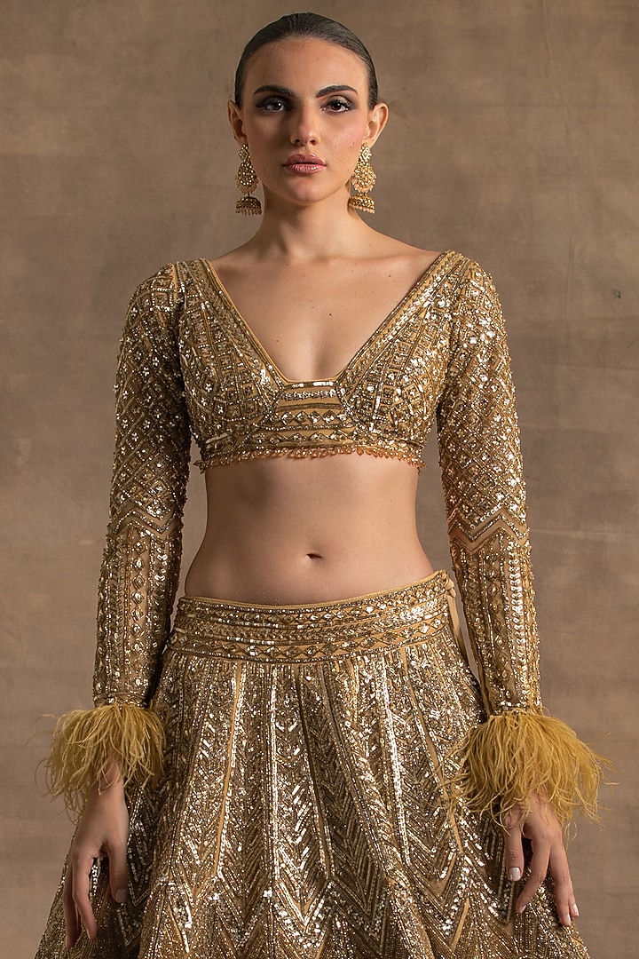Gold Net Crystal Embroidered Bridal Lehenga Set by Kapda Dori at Pernia's Pop Up Shop