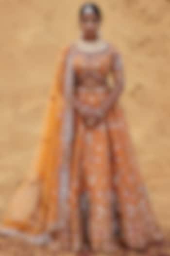 Mustard Orange Raw Silk Zardosi Embroidered Bridal Lehenga Set by Kapda Dori at Pernia's Pop Up Shop