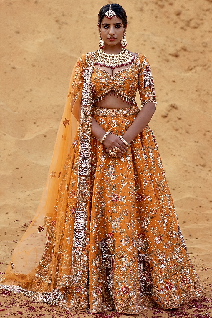 Mustard Orange Raw Silk Zardosi Embroidered Bridal Lehenga Set by Kapda Dori at Pernia's Pop Up Shop