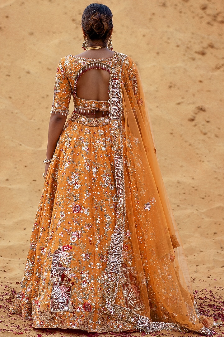 Mustard Orange Raw Silk Zardosi Embroidered Bridal Lehenga Set by Kapda Dori at Pernia's Pop Up Shop