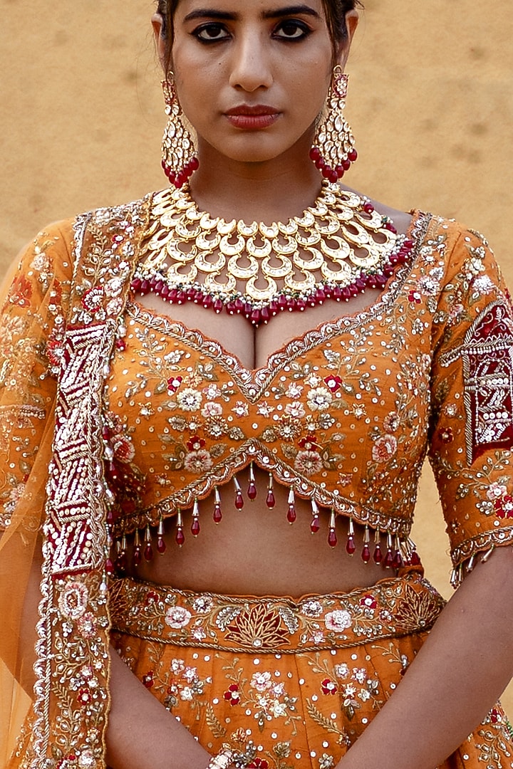 Mustard Orange Raw Silk Zardosi Embroidered Bridal Lehenga Set by Kapda Dori at Pernia's Pop Up Shop