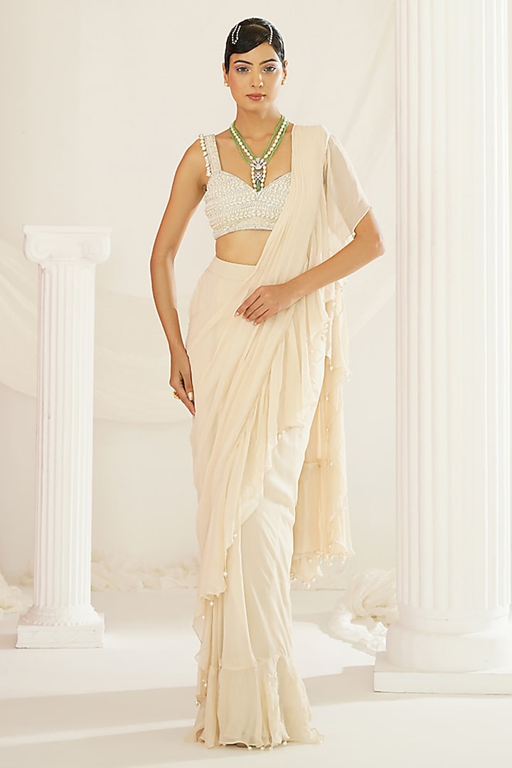 Ivory Georgette Pearl Ruffled Draped Saree Set by Kapda Dori at Pernia's Pop Up Shop