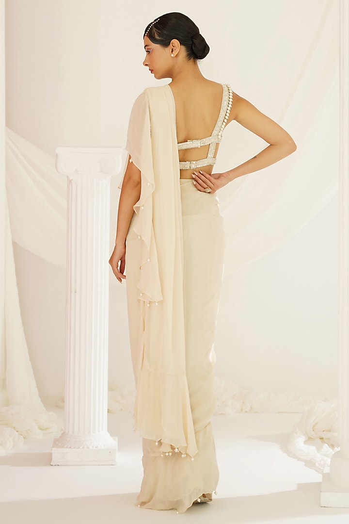 Ivory Georgette Pearl Ruffled Draped Wedding Saree Set by Kapda Dori at Pernia's Pop Up Shop