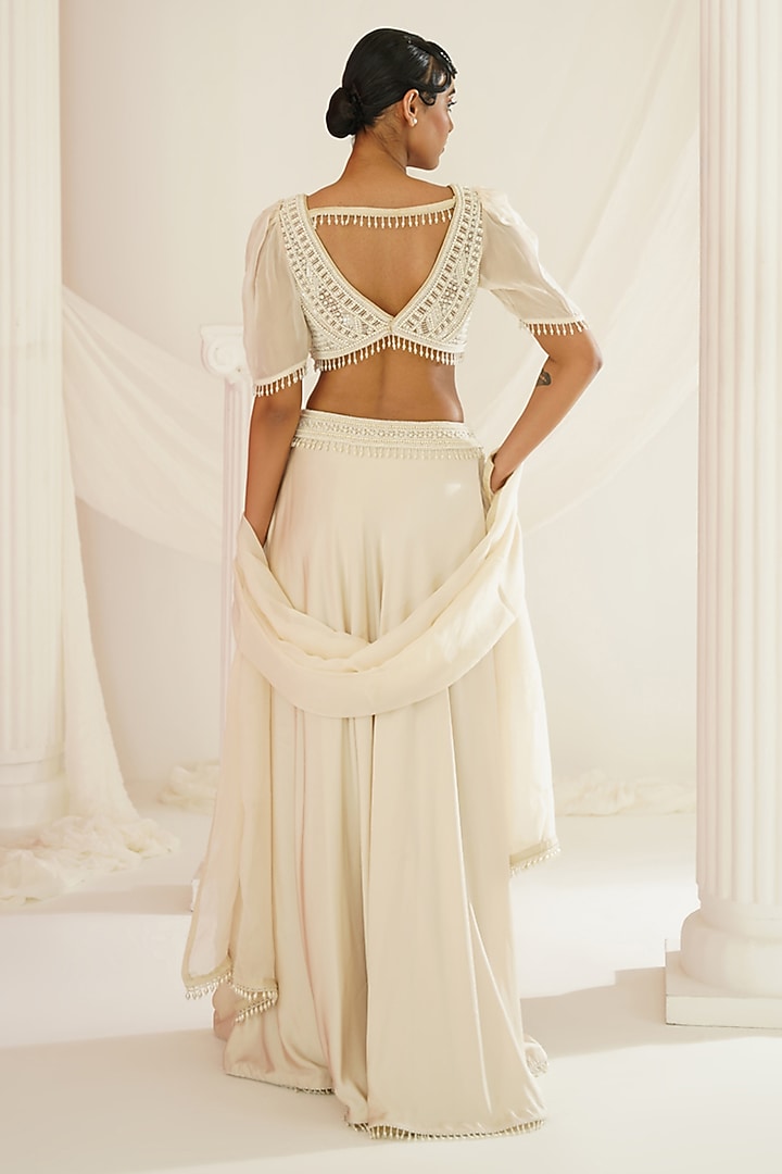 Ivory Armani Satin Hand Embroidered Wedding Lehenga Set by Kapda Dori at Pernia's Pop Up Shop