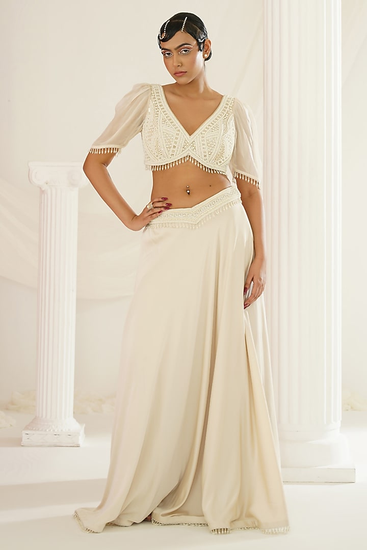 Ivory Armani Satin Hand Embroidered Wedding Lehenga Set by Kapda Dori at Pernia's Pop Up Shop