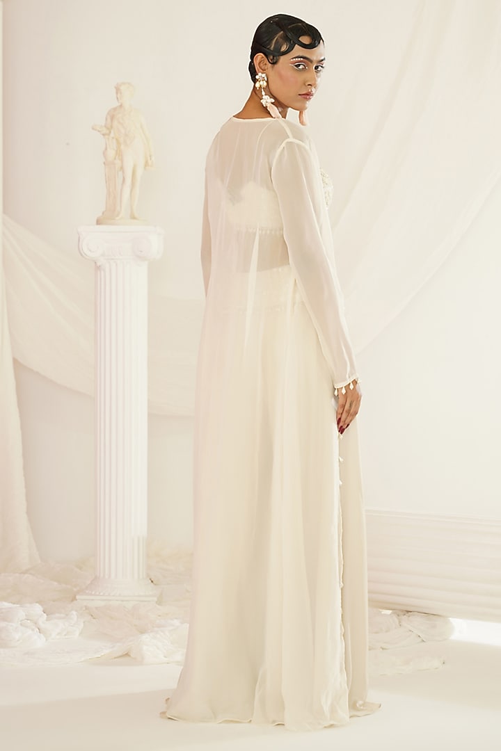 Ivory Organza Crystal Hand Embroidered Long Jacket Set by Kapda Dori at Pernia's Pop Up Shop