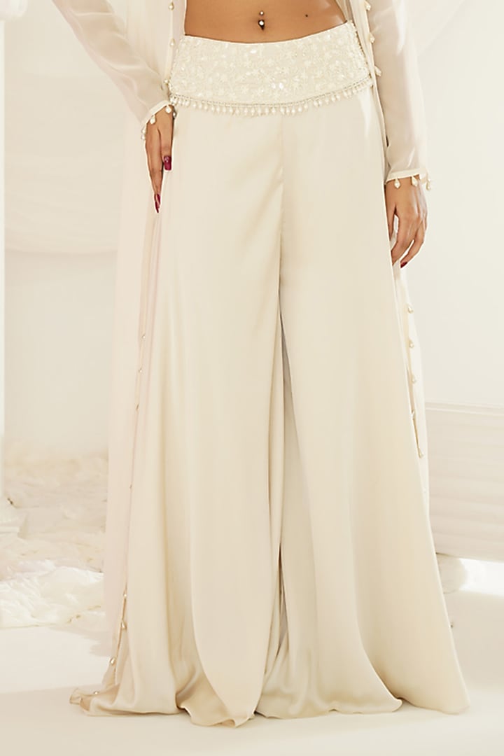 Ivory Organza Crystal Hand Embroidered Long Jacket Set by Kapda Dori at Pernia's Pop Up Shop