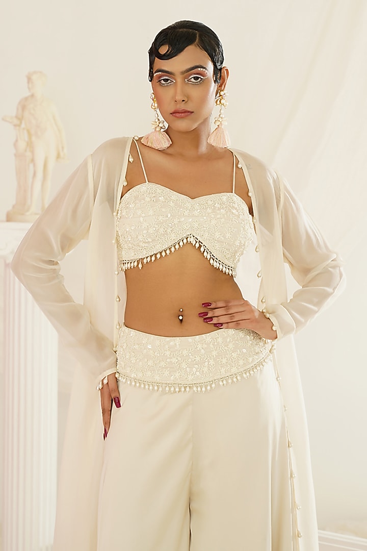 Ivory Organza Crystal Hand Embroidered Long Jacket Set by Kapda Dori at Pernia's Pop Up Shop