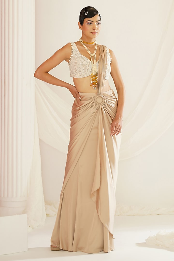 Nude Armani Satin Draped Saree Set by Kapda Dori at Pernia's Pop Up Shop