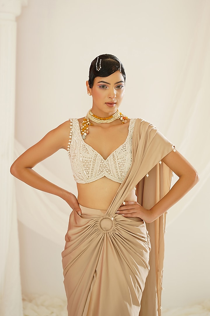 Nude Armani Satin Draped Wedding Saree Set by Kapda Dori at Pernia's Pop Up Shop