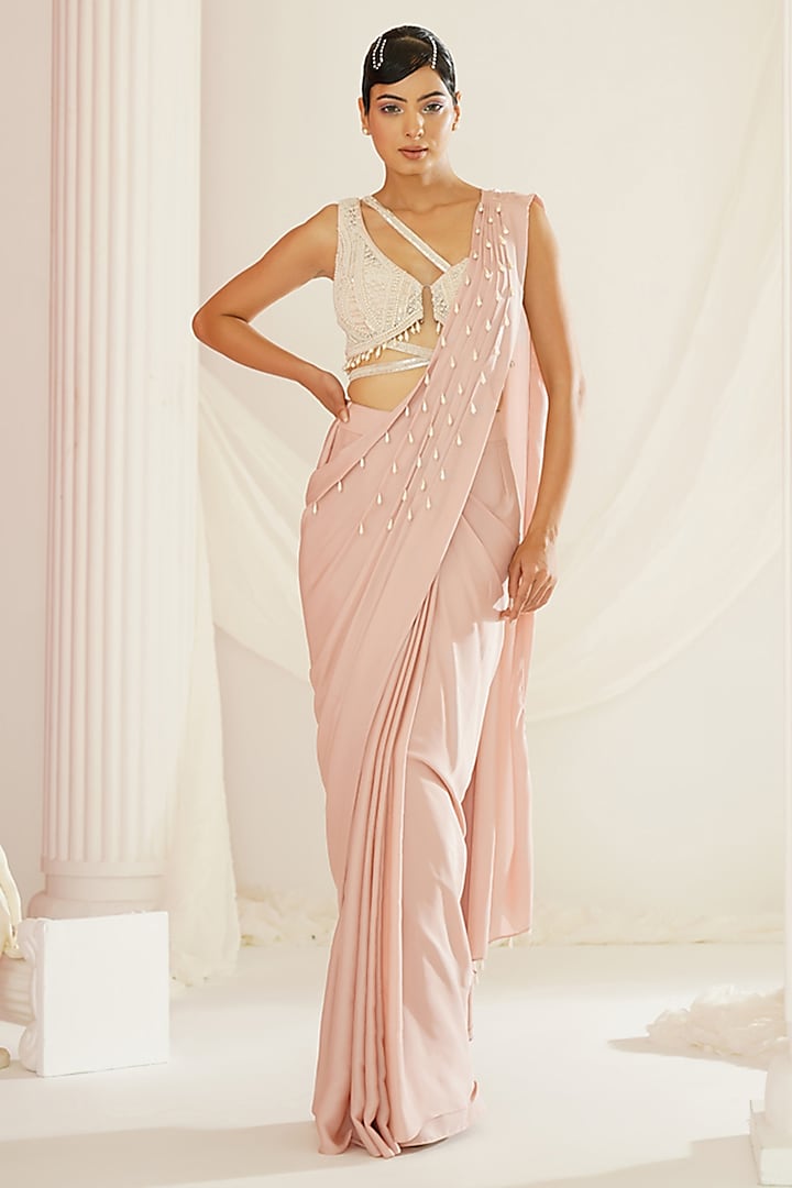 Blush Pink Armani Satin Ready-To-Wear Saree Set by Kapda Dori at Pernia's Pop Up Shop