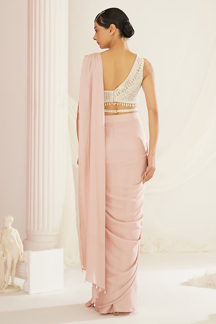 Blush Pink Armani Satin Ready-To-Wear Wedding Saree Set by Kapda Dori at Pernia's Pop Up Shop