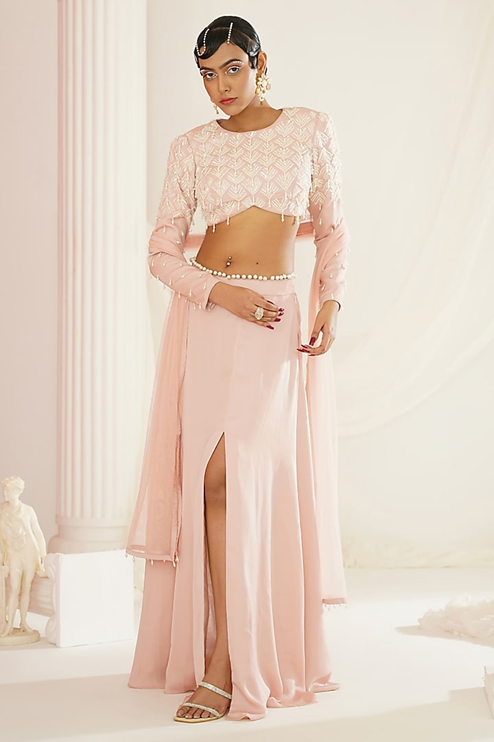 Blush Pink Armani Satin Lehenga Set by Kapda Dori at Pernia's Pop Up Shop